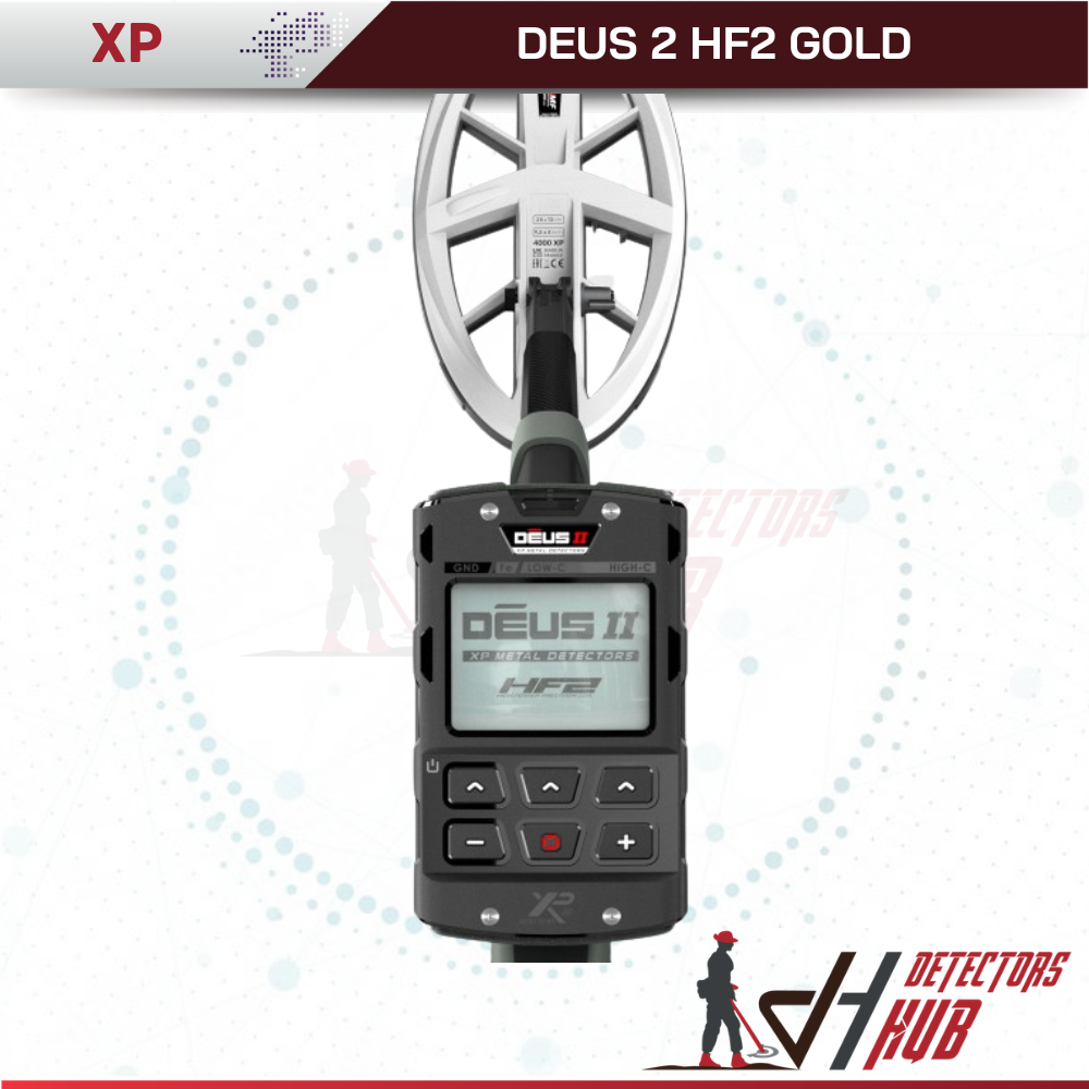 Metal detector with 'DEUS 2 HF2 GOLD' branding on a white background