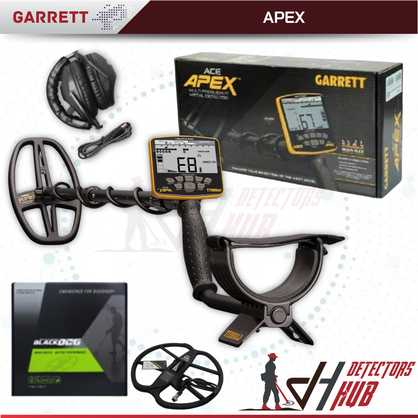 Garrett ACE Apex  WIth 13''x13" DETECH Coil Metal Detector With Z-Lynk Wireless Headphone